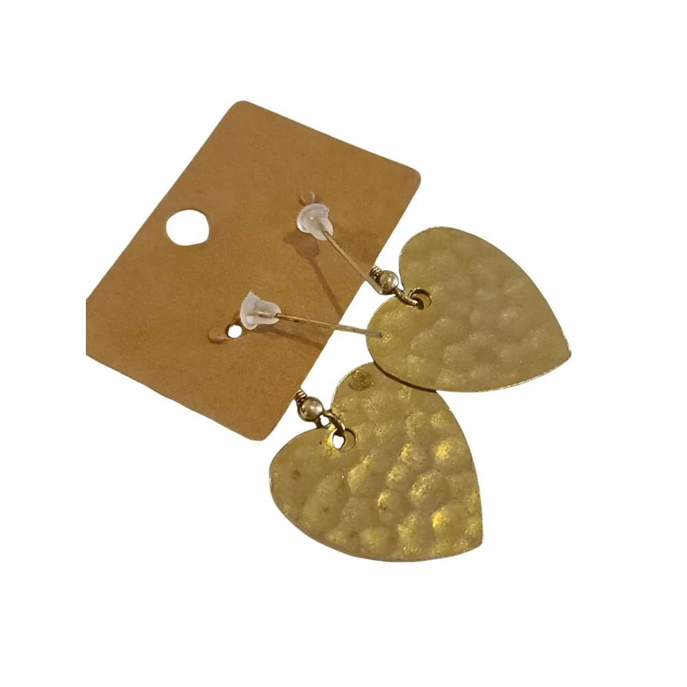 Vintage Colorful Swirl Dangle Heart Resin Hammered Gold Tone Earrings